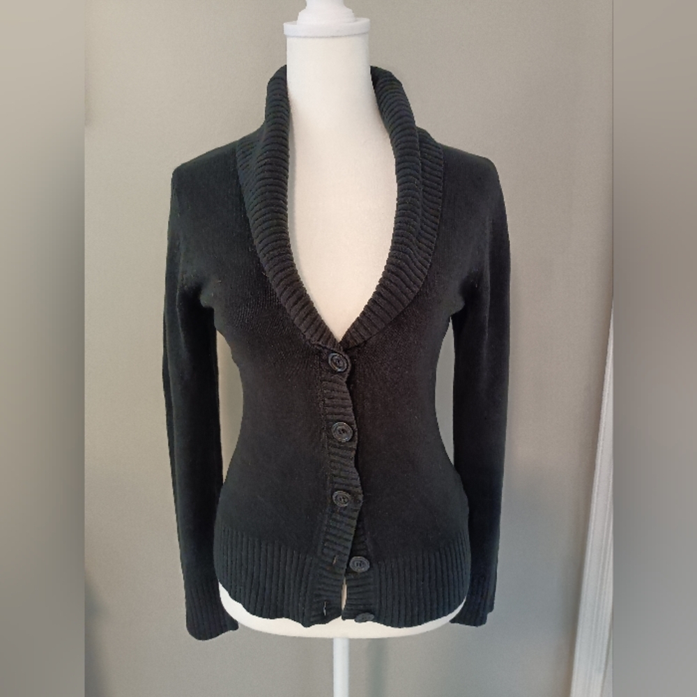 H&M Black Cardigan Sweater with Ribbed Knit Texture